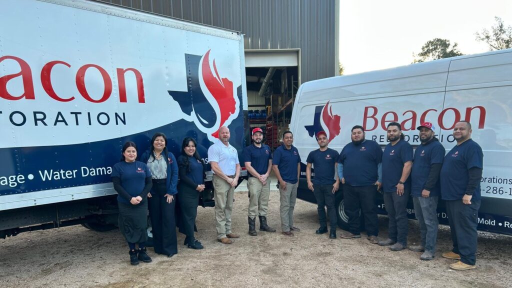 Beacon Restoration Services team performing emergency water damage restoration in Montgomery Texas home